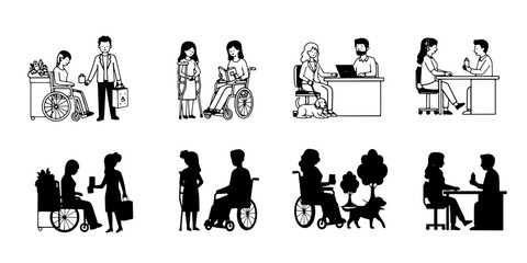 Inclusive Society and Accessibility Illustration Set, Vector Icons of People with Disabilities, Black and White Graphic of Social Inclusion, Collection of Scenes with People in Wheelchairs.