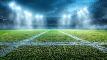 Obraz premium Stadium field at night with bright spotlights and cloudy sky above.