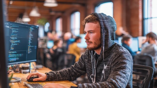 Casual developer in a loftstyle coworking space pushing Git commits from a terminal after troubleshooting code highlighting collaboration and agile workflow. - Powered by Adobe