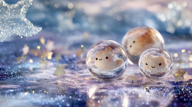 Whimsical, charming snow globes with delightful characters in a dreamy scene