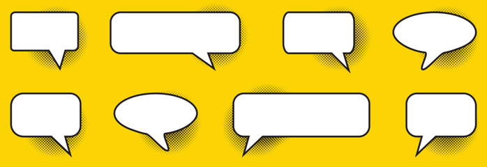 Obraz premium Blank comic speech bubbles set in black and white with retro pop art halftone shadows. Ideal for comic book designs, pop art projects, cartoon dialogues, and vintage text balloons.
