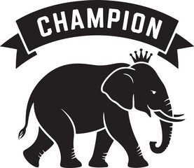 Elephant silhouette walking with champion ribbon banner wearing crown black color vector on white background