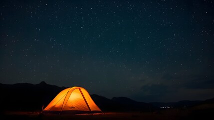 Illuminated camping tent under a vast, starry night sky in the wilderness, creating a peaceful and adventurous atmosphere for outdoor nature lovers and stargazers