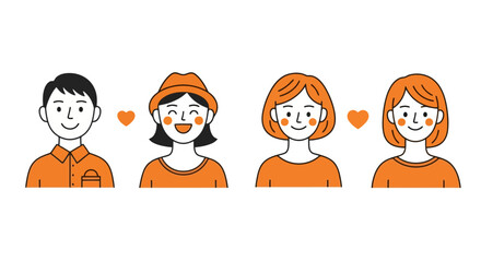 Diverse Group of People with Smiling Faces Connected by Hearts, Representing Unity, Friendship, and Positive Relationships for Use in Social Media and Community Projects