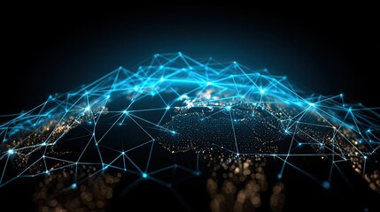 Global network, illuminated earth, digital connections.  A stylized, digitally rendered image of Earth, highlighting global connections.  
