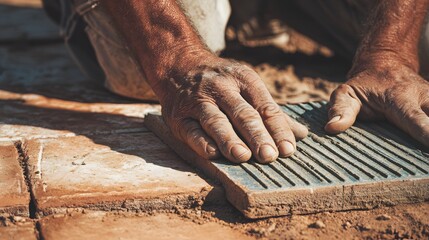 Hands laying tile on a patio.
