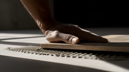 Person's hand placing a tile on a floor.