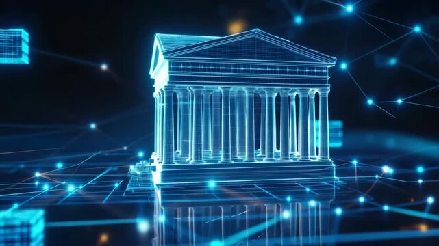 Glowing digital courthouse with blockchain lines, showing law, finance, and technology in a modern 3D style.
