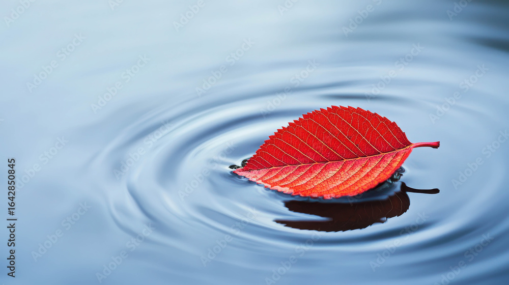 Aufkleber vibrant red leaf floating on calm water surface creating gentle ripples and reflecting serenity in n