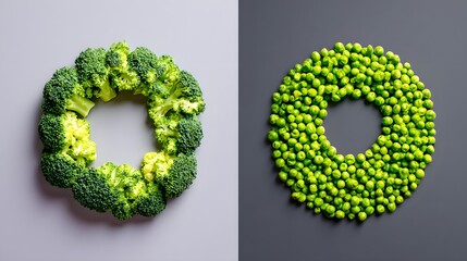 Broccoli and peas arranged in a circular pattern on a grey surface.