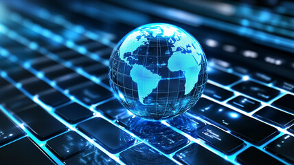 A digital globe placed on a futuristic keyboard, symbolizing connectivity and the integration of technology in our world. Perfect for tech-related themes.