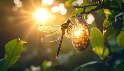 Dragonfly  cocoon on branch in bright sunlight with nature background.