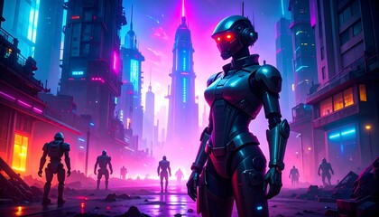 Cyberpunk robot cityscape art