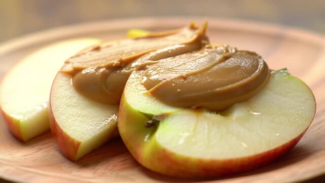 Close-up of fresh red apple slices topped with creamy peanut butter, a healthy and nutritious snack on a wooden plate.
