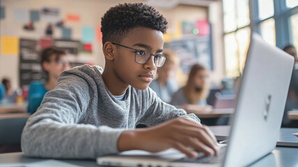 A focused student engaged with a laptop in a modern classroom, demonstrating concentration and enthusiasm for learning.