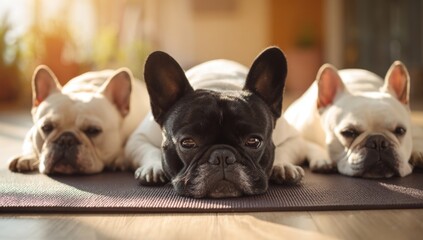 Fototapeta premium Three French Bulldogs resting on yoga mat
