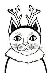 Stylized illustration of Christmas cat. Portrait of pet in full face. On his head hoop with deer antlers. Dressed in fluffy collar. Line art. Drawing in black outline. White background. Doodle.