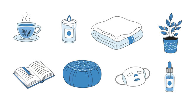 Illustration of Self-Care Items for Promoting Wellness and Relaxation. Suitable for blog posts, articles, and marketing materials related to health, mindfulness, and spa treatments.