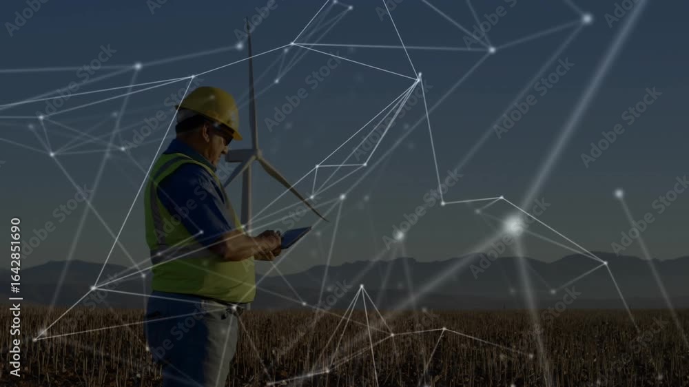 Aufkleber technician raising tablet and tapping screen at wind farm generating network overlay for analysis