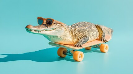 Crocodilian rides a skateboard with shades.