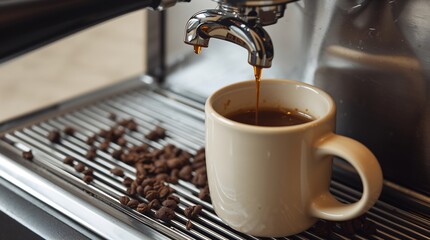 Coffee station espresso machine with drips on the portafilter, scattered coffee grounds, empty ceramic mug.