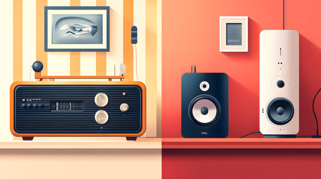 Retro orange radio and modern speakers create a vibrant audio setup, perfect for home decor inspiration. Old vs new