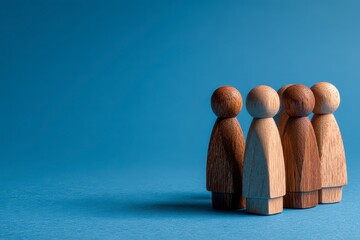 Wooden figures in a row against a blue backdrop