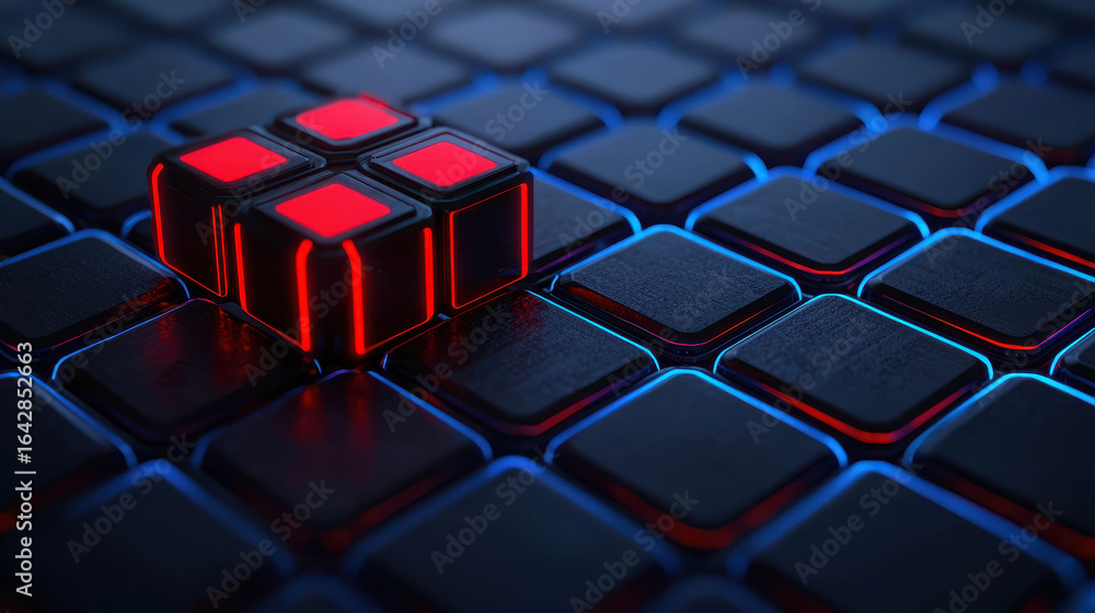 Poster futuristic abstract background with neon lighting and cube structure on dark surface creating a mode