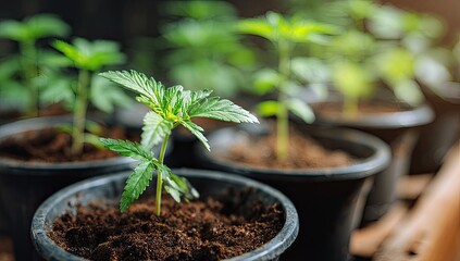 Close-up of young cannabis seedlings in pots