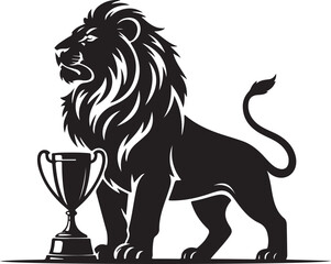 Proud lion silhouette standing beside classic trophy cup black color vector on white background
