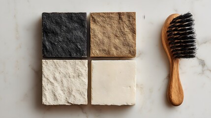 Four natural handmade soaps and a wooden bristle brush