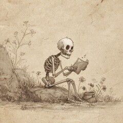 Skeleton sits reading a book beside a small pot.
