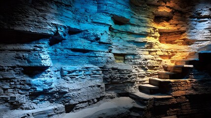 Ancient stone walls illuminated with contrasting light.