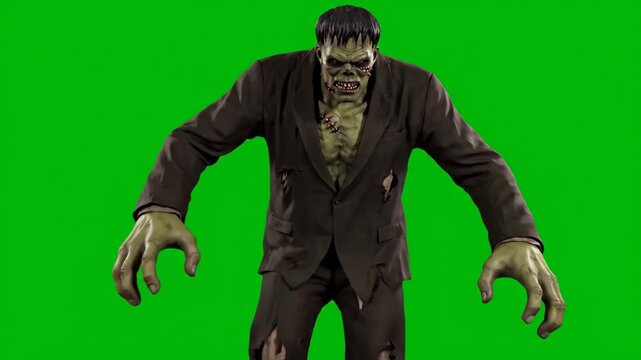 Frankenstein's Monster Lumbering Forward on Green Screen - A classic Frankenstein's monster, video in 3D, is shown lumbering forward with arms outstretched against a bright green screen background.