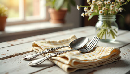 Rustic place setting with napkin and silverware on wooden table  