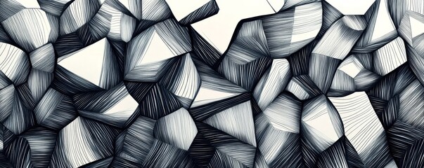 Whimsical abstract hand-drawn playful geometric polygon stripe doodle pattern, featuring trendy black and white diamond geode line art, Generative AI