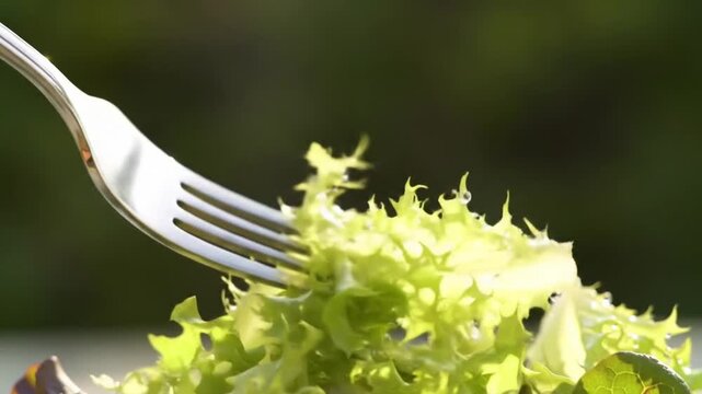 Healthy eating concept with a fork taking a piece of crisp frisee lettuce from a fresh salad outdoors.