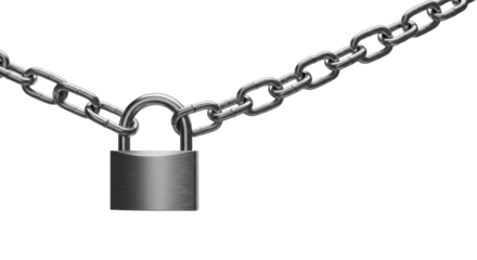 A polished metal chain with sleek, interlocking links and a modern, solid padlock securely fastened, suspended against a transparent background with copy space. Concept of robust security and trust