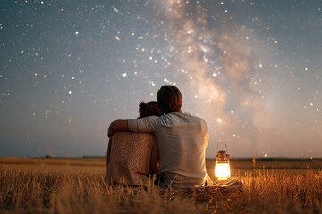 Couple enjoys romantic stargazing under a clear night sky in a rural field