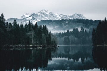 Misty mountain lake reflecting a snowy peak