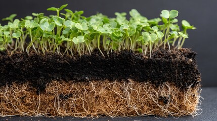 Close-up view of young plants growing in soil with visible roots.