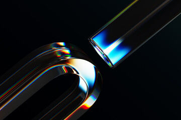 Black 3d background with glass chromatic rectangle and oval ring shape render. Magnet connection effect with red blue neon glowing gradient. Abstract geometry crystal diagonal pattern. 3D illustration