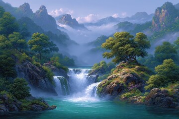 Fototapeta premium Scenic Waterfall Landscape with Lush Greenery Serene Mountain Views