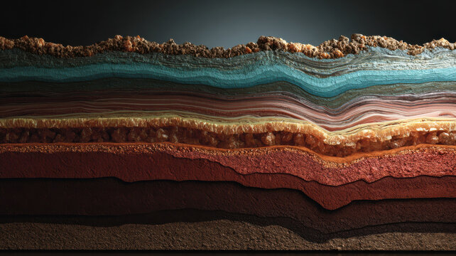 Cross-section of Earth strata revealing minerals, animated layers 