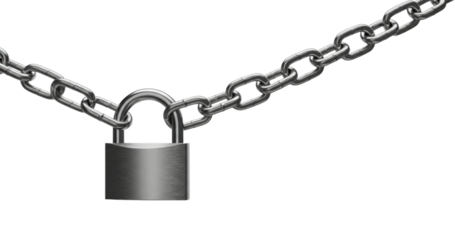 A polished metal chain with sleek, interlocking links and a modern, solid padlock securely fastened, suspended against a transparent background with copy space. Concept of robust security and trust