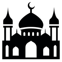 Black Silhouette of Mosque with Crescent Moon, Dome, and Minarets on White Background