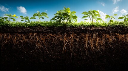 Growing plants' roots extending deep into the soil.