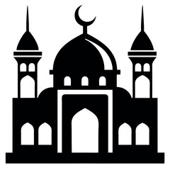 Simple Mosque Icon in Black and White, Crescent Moon on Dome, Two Towers