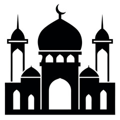 Simple Silhouette of a Mosque with Crescent Moon, Dome, and Towers Against White