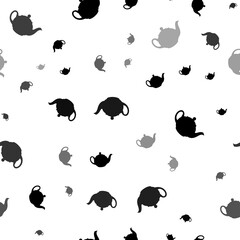 Seamless vector pattern with teapot for tea symbols, creating a creative monochrome background with rotated elements. Illustration on transparent background